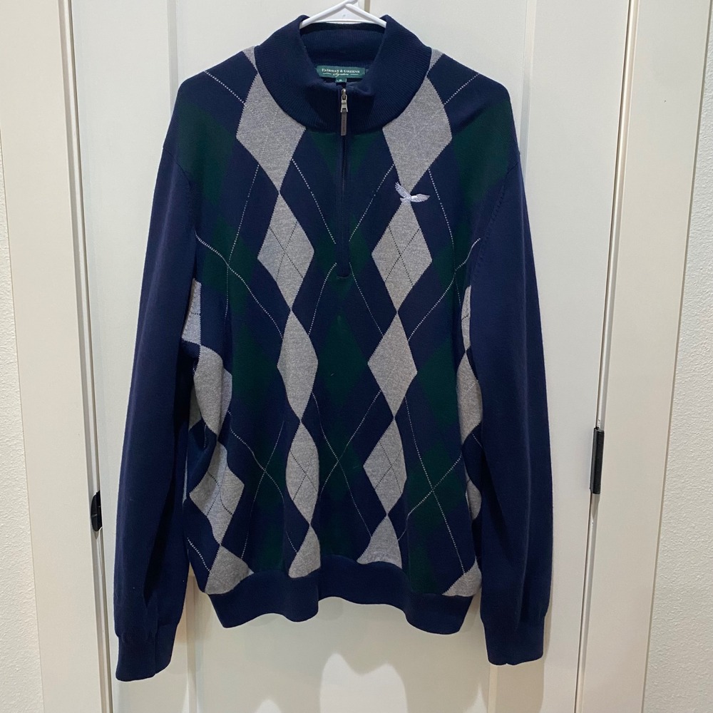Fairway & Greene Signature Mens XL Italian Merino Wool‎ Argyle 1/4 Zip Sweater